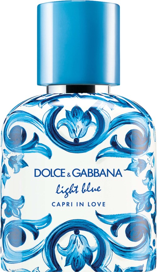 Een parfumfles met lichtblauw ontwerp en dop, gelabeld 'Dolce & Gabbana Light Blue', Capri in Love.