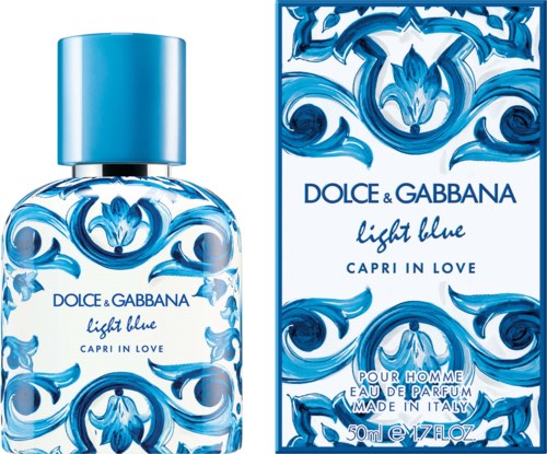 Een blauwe parfumfles en doos met draaiende blauwe patronen en de tekst 'Dolce & Gabbana, Light Blue, Capri in Love.'