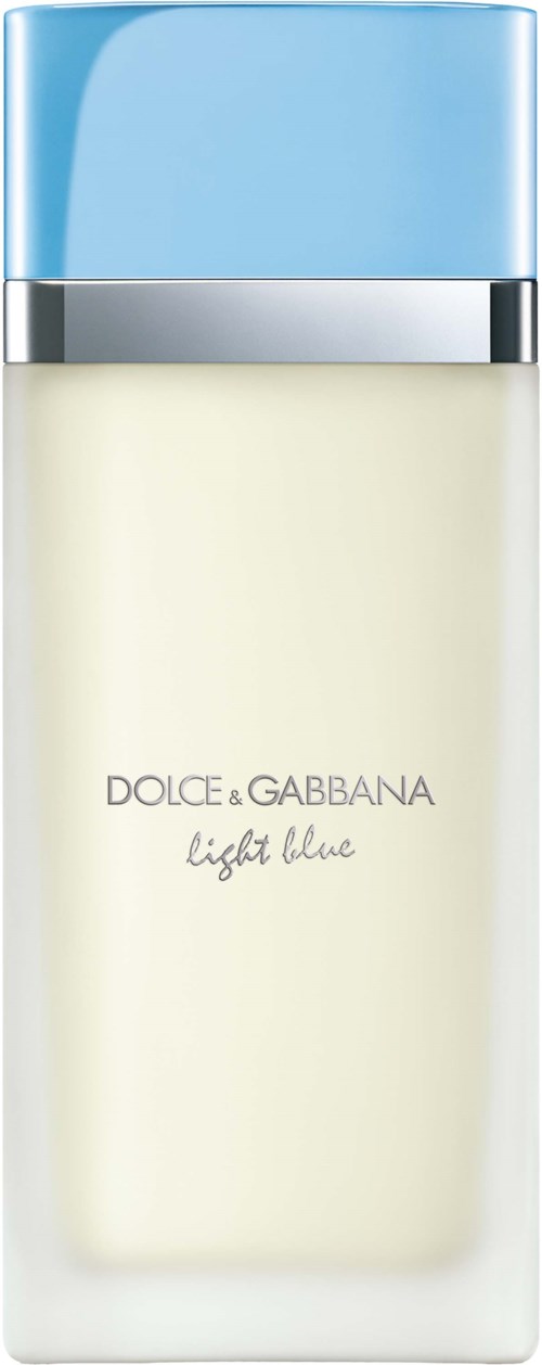 Een witte fles met een blauwe dop en zilveren band, gemarkeerd "Dolce & Gabbana Light Blue".