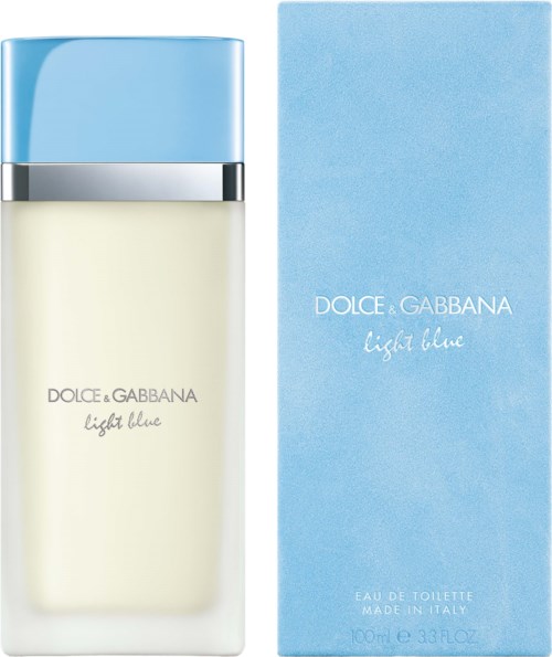 Lichtblauwe parfumfles en bijpassende doos met merknaam en geur, 'Light Blue, Eau de Toilette'.