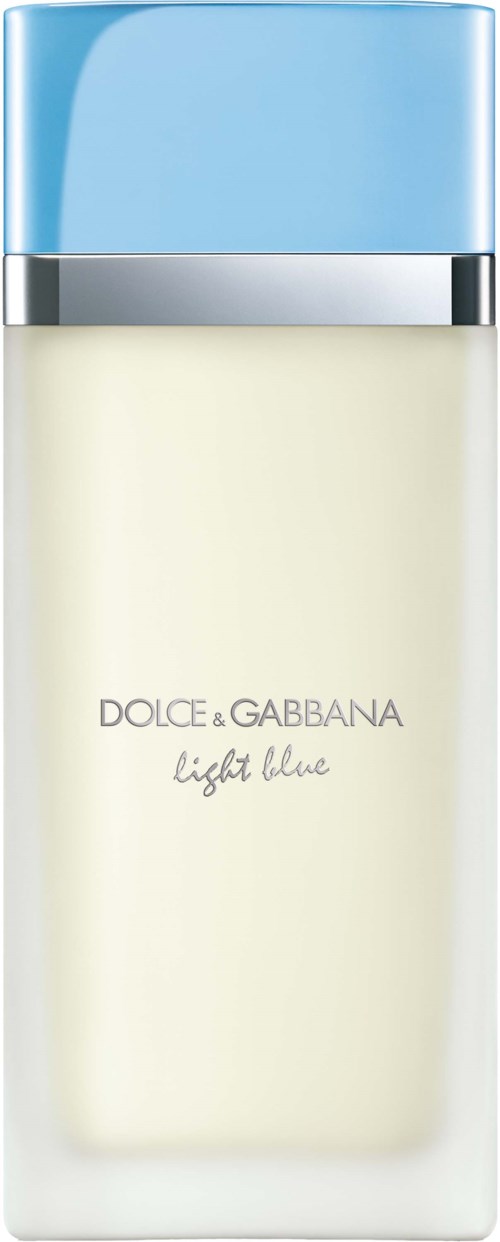 Een parfumfles met een lichtblauwe dop en witte body, gelabeld DOLCE & GABBANA Light Blue.