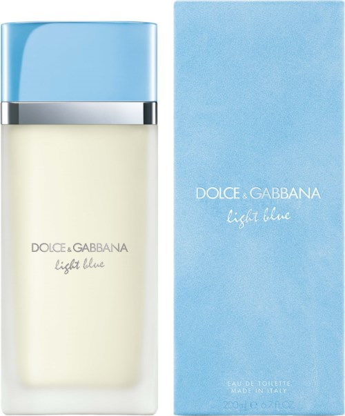 Een parfumfles met een lichtblauwe dop en een lichtblauwe doos ernaast. Beiden hebben het label Dolce & Gabbana Light Blue.