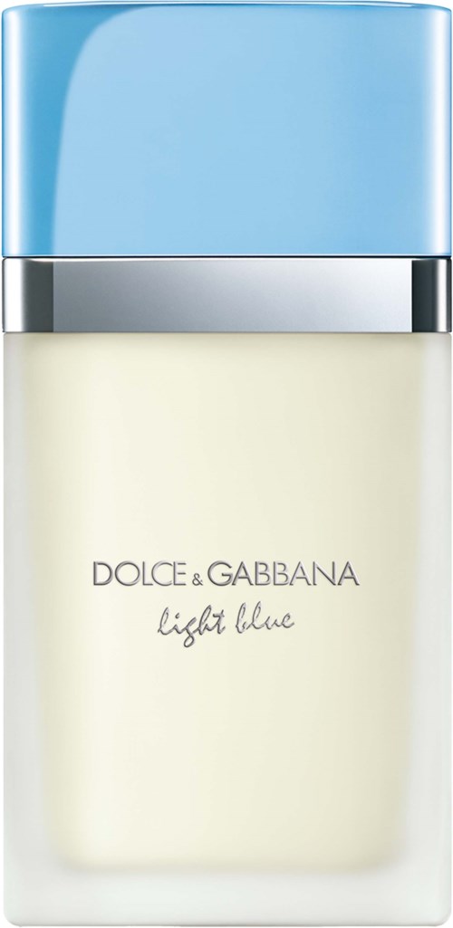 Een parfumfles met een blauwe dop en wit lichaam, gemarkeerd Dolce & Gabbana Light Blue.