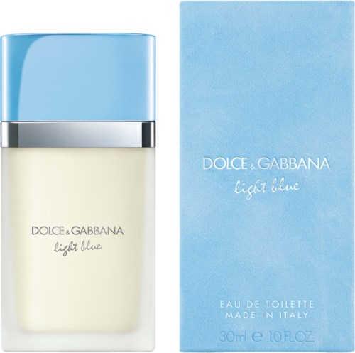 Een parfumfles met lichtblauwe dop en label Dolce & Gabbana Light Blue, met een bijpassende blauwe doos.