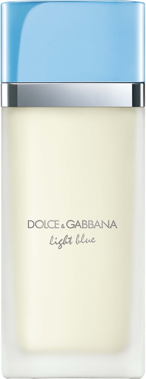 Een flesje Dolce & Gabbana Light Blue parfum met blauwe dop en witte fles.