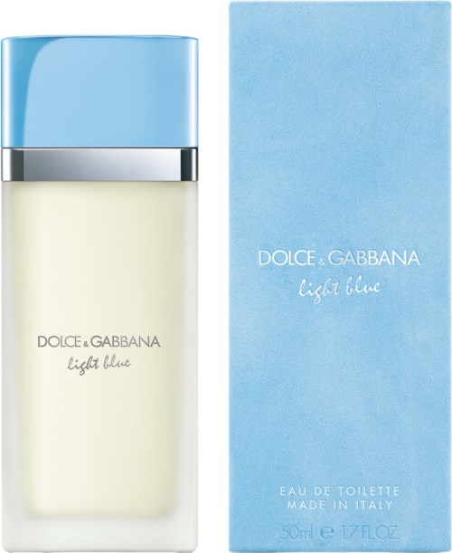 Een flesje Dolce & Gabbana Light Blue parfum naast de blauwe doos.
