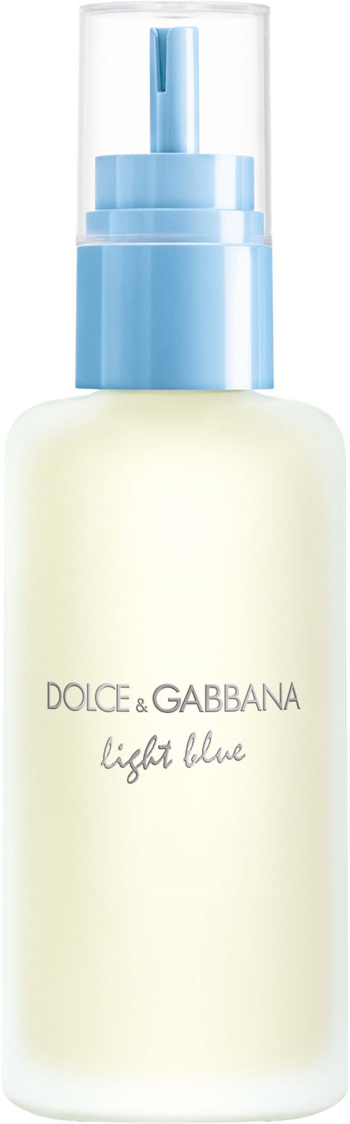 Een witte fles met blauwe dop en spraydop, labeled Dolce & Gabbana Light Blue. Het is parfum.