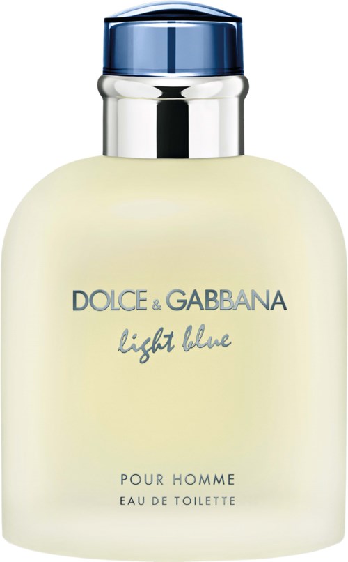 En vit flaska med en silver- och blå kork, märkt 'Dolce & Gabbana Light Blue för män', innehållande parfym.