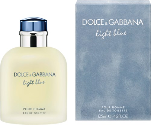 En parfyll flaska och låda med ljusblå och vita färger, text säger Dolce & Gabbana light blue, för män.
