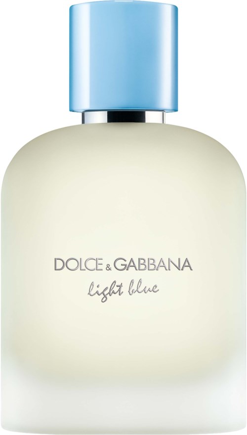 Een parfumfles met een ronde witte body, lichtblauwe dop en eenvoudig label met Dolce & Gabbana Light Blue.