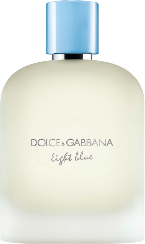 Een lichtblauw deksel op een witte parfumfles met label Dolce & Gabbana Light Blue.