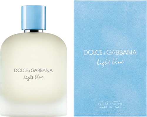 Een parfumfles en doos voor Dolce & Gabbana Light Blue voor heren, met een blauwe dop en zachte roomkleur.