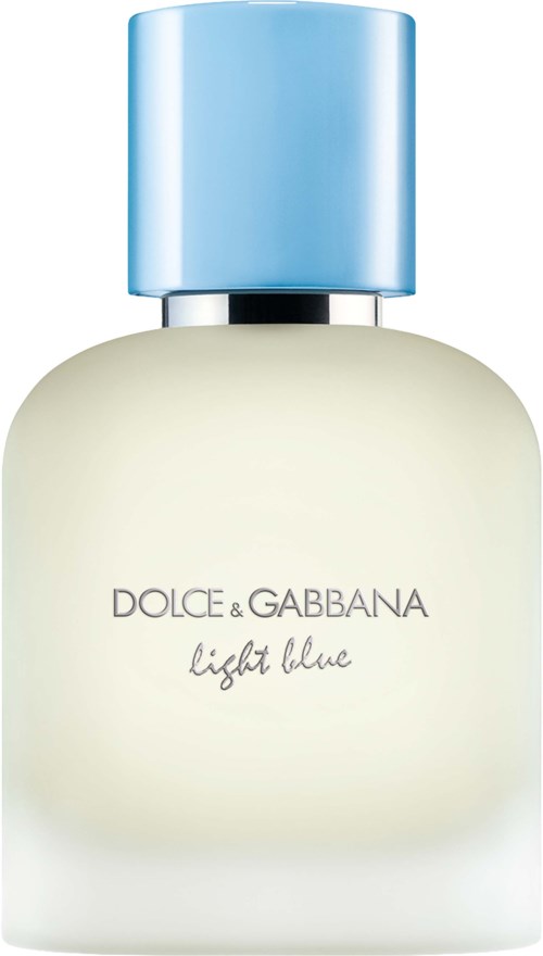Een parfumfles met een lichtblauwe dop en een witte body, gemarkeerd "Dolce & Gabbana Light Blue."