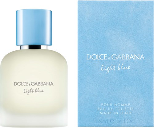 Een parfumfles en doos met het label 'Light Blue' door Dolce & Gabbana, in blauw en wit.