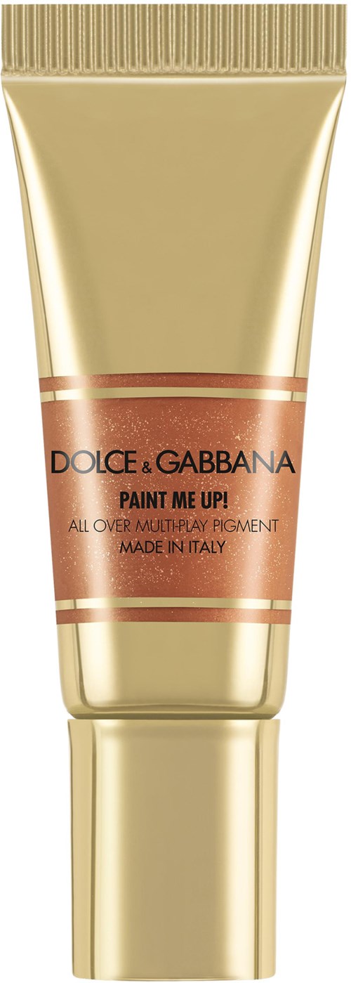 Gold tube with brown and gold label, says "DOLCE & GABBANA PAINT ME UP!" and "MADE IN ITALY."