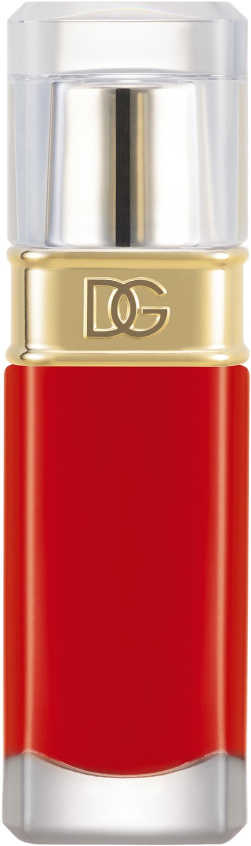 A red lipstick with a transparent cap and gold band, featuring the DOLG logo.