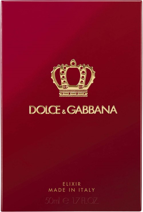 Een rood doosje met een goudgekroonde logo en de woorden Dolce & Gabbana, Elixir, Made in Italy, 50 ml.