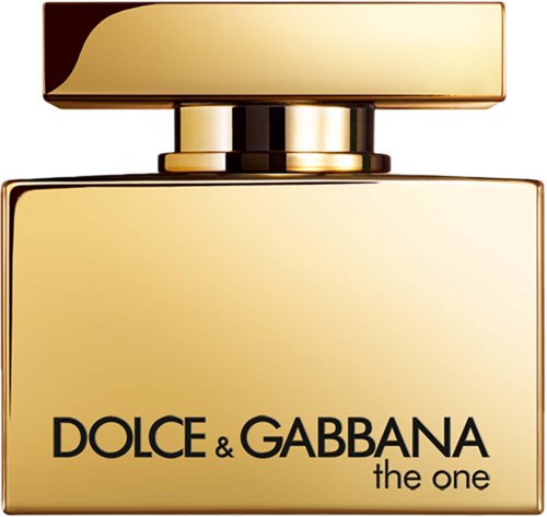 Een gouden parfumfles met de tekst 'DOLCE & GABBANA the one'.