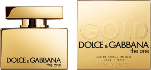 Een goudkleurige parfumfles en doos voor Dolce & Gabbana 'The One' Gold geur.