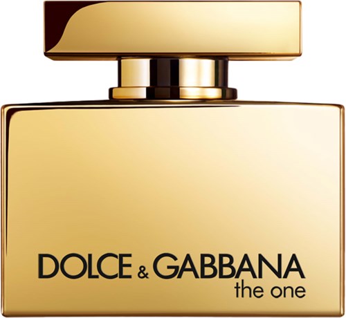 Een gouden parfumfles met een zwarte logo die zegt "DOLCE & GABBANA the one."