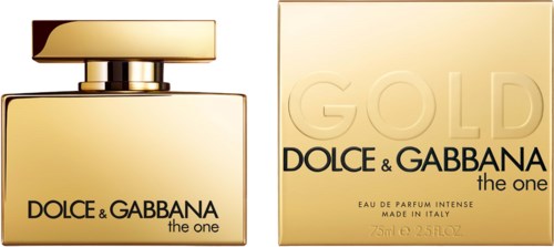 Een goudkleurige parfumfles en doos van Dolce & Gabbana's 'The One' Gold collectie met de parfumnaam.
