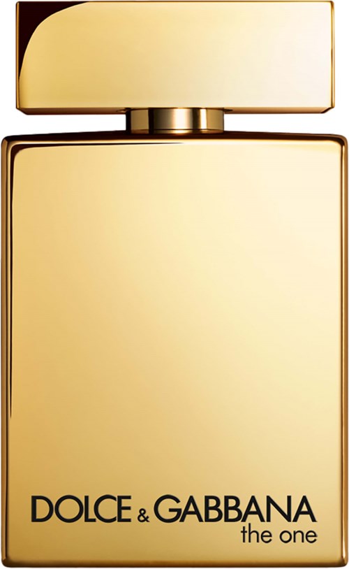 Een gouden parfumfles met rechthoekige vorm en ronde top. Het merk 'Dolce & Gabbana' onderaan.