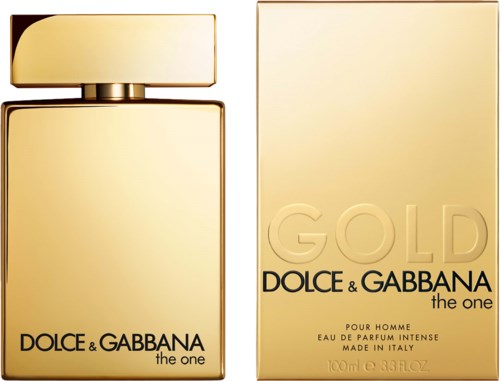 Een goudkleurige parfumfles en doos van Dolce & Gabbana, gelabeld 'the one' en 'GOLD' voor mannen.