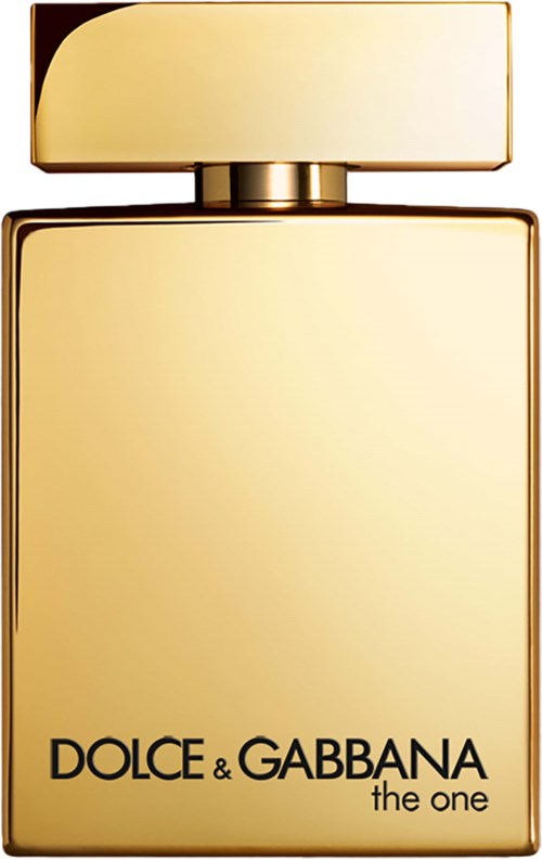 Een goudkleurige parfumfles met rechthoekige vorm en een kleinere dop bovenop. Het merk 'DOLCE & GABBANA' en 'the one' staan erop.