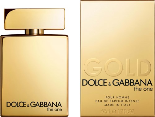 Goudkleurige parfumfles en doos met Dolce & Gabbana branding.