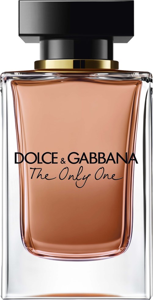 Een parfumfles met een zwarte dop, goudrand en perzikkleurige vloeistof. Label zegt "Dolce & Gabbana The Only One."