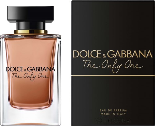 Een parfumfles en doos voor Dolce & Gabbana The Only One, met zwart, goud en perzikkleuren, elegant ontwerp.