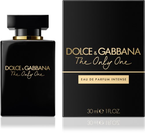 Een zwarte parfumfles en doos met goudkleurige en witte tekst, gelabeld Dolce & Gabbana The Only One, Eau de Parfum Intense.