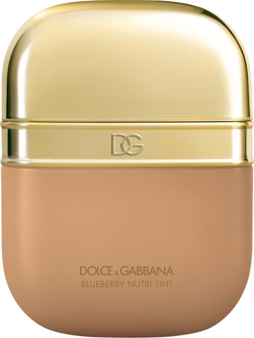 A beige and gold container with the Dolce & Gabbana logo, holding blueberry Nutri Tint.