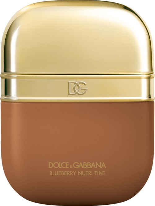 A small container with a gold lid and brown body, labeled Dolce & Gabbana Blueberry Nutri Tint.