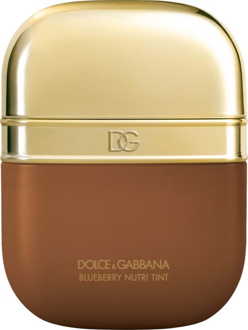 A small brown and gold container with the Dolce & Gabbana logo; it is labeled as blueberry Nutri Tint.