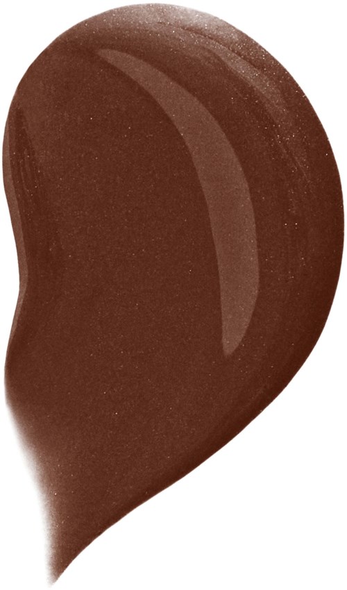 A close-up of a brown, tear-shaped makeup sponge or applicator with a smooth, shiny surface.