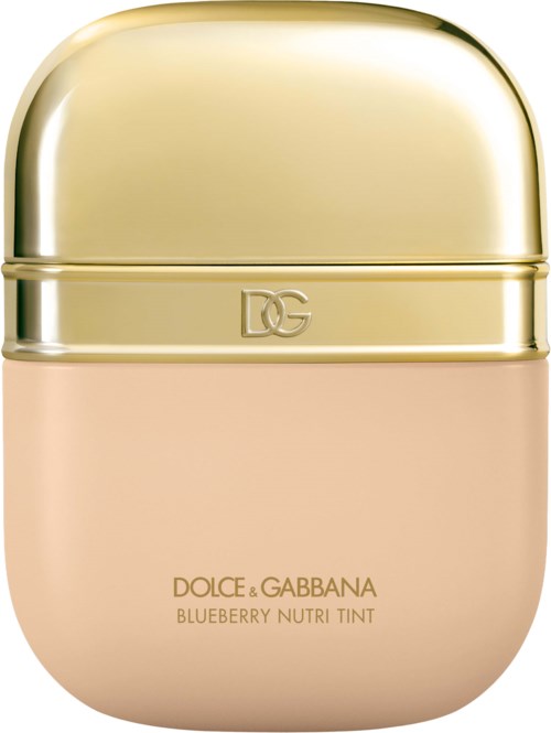 A small container with a gold top and pink bottom, labeled Dolce & Gabbana blueberry nutri tint.