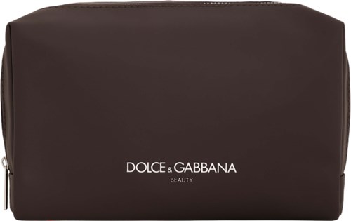 A dark brown cosmetic bag with a zip, labeled 'Dolce & Gabbana Beauty'.