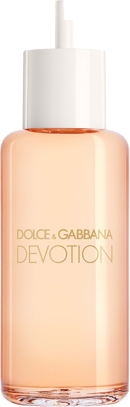 Een roze fles met een witte dop, gemarkeerd "Dolce & Gabbana Devotion". Het is waarschijnlijk een parfum of cosmetisch product.