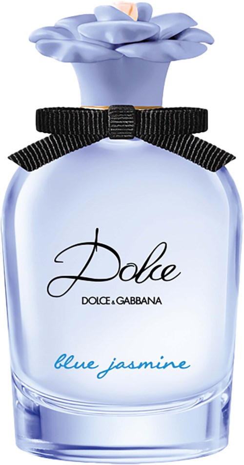 Een parfumfles met een blauwe bloemenkap en een zwart lint, gemarkeerd 'Dolce & Gabbana Blue Jasmine'.