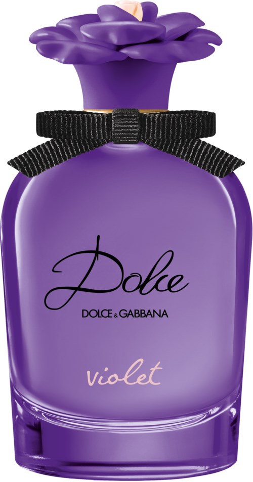 Een paarse parfumfles met zwart lint en paarse dop, labelD Dolce Gabbana Violet.