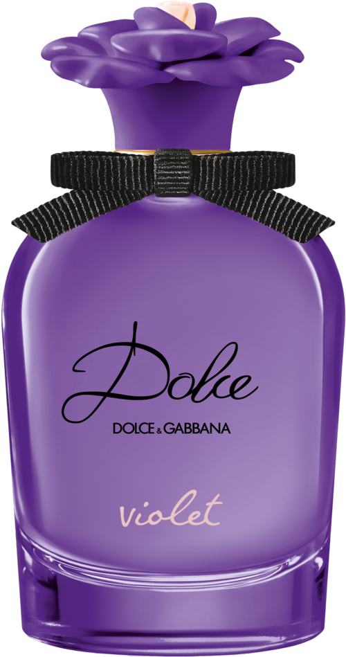 Violetinvärinen lasipullo, jossa kukkapäällysa ja musta rusetti, merkiltään 'Dolce & Gabbana Violet.'