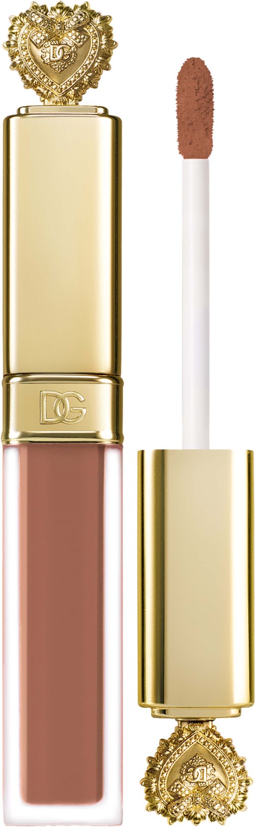 A lip gloss with a gold case, heart-shaped decoration on top, and a wand with pink gloss.