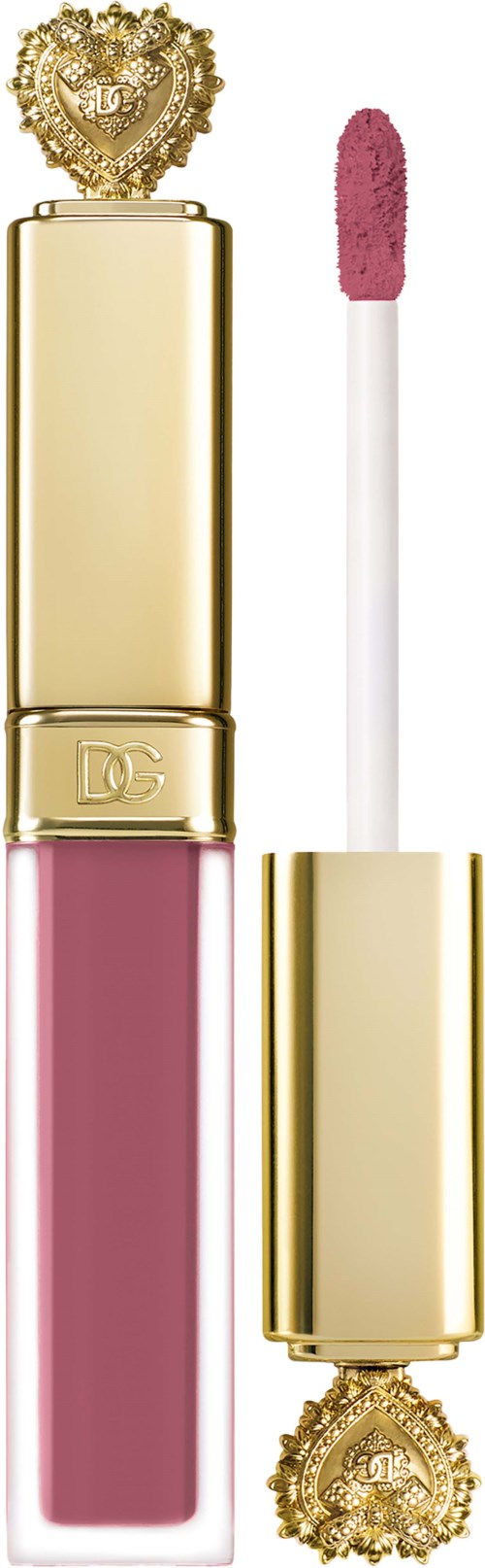 A pink lipstick with a gold case, topped with a decorative heart and a crown design.
