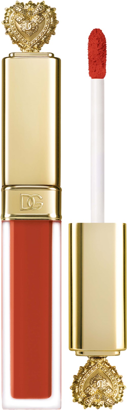 Ein Lippenstift mit goldener Hülse, roter Lippenstift im Inneren und einer dekorativen Krone oben.