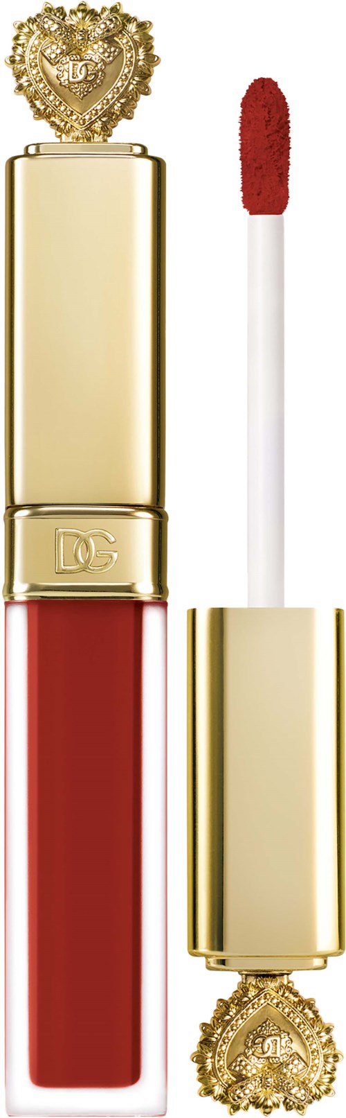 A gold and red lipstick container with decorative top, open lid showing red lip gloss inside.