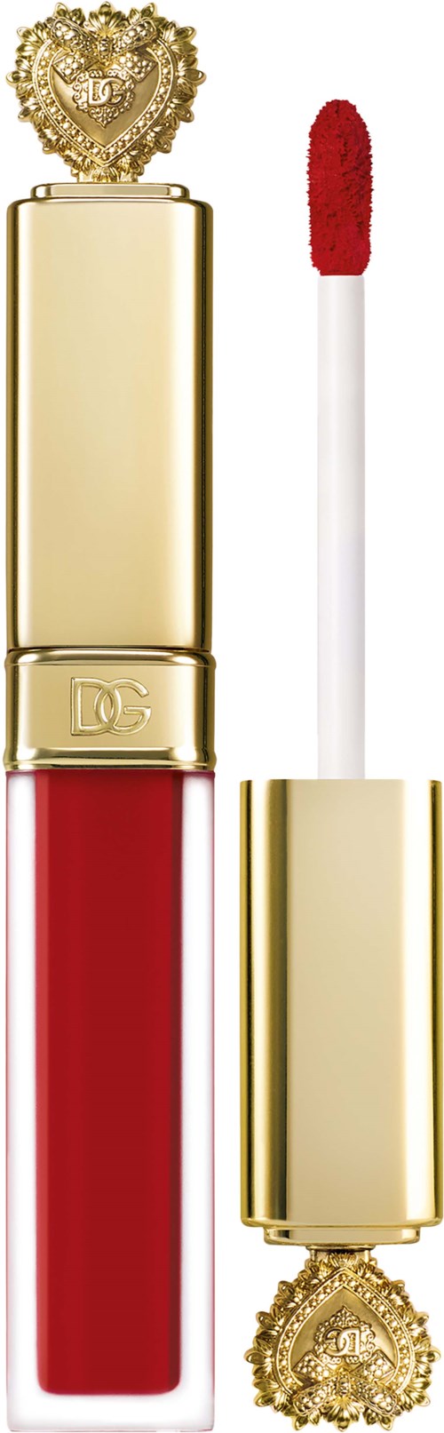 A red lip gloss in a gold case with decorative hearts on top and bottom. The applicator is shown with red gloss.