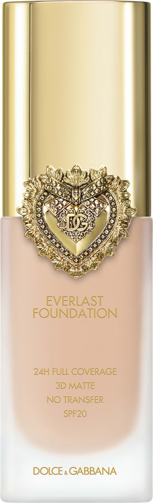 A bottle of Dolce Gabbana Everlast Foundation with gold cap and heart-shaped jewelry logo.