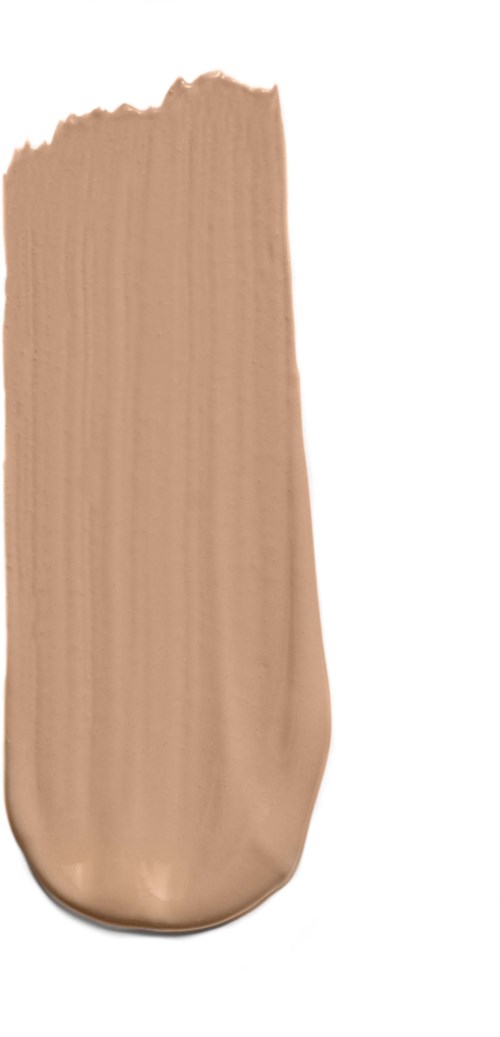 A beige liquid makeup stroke on a white background. Shows smooth texture and rounded tip.