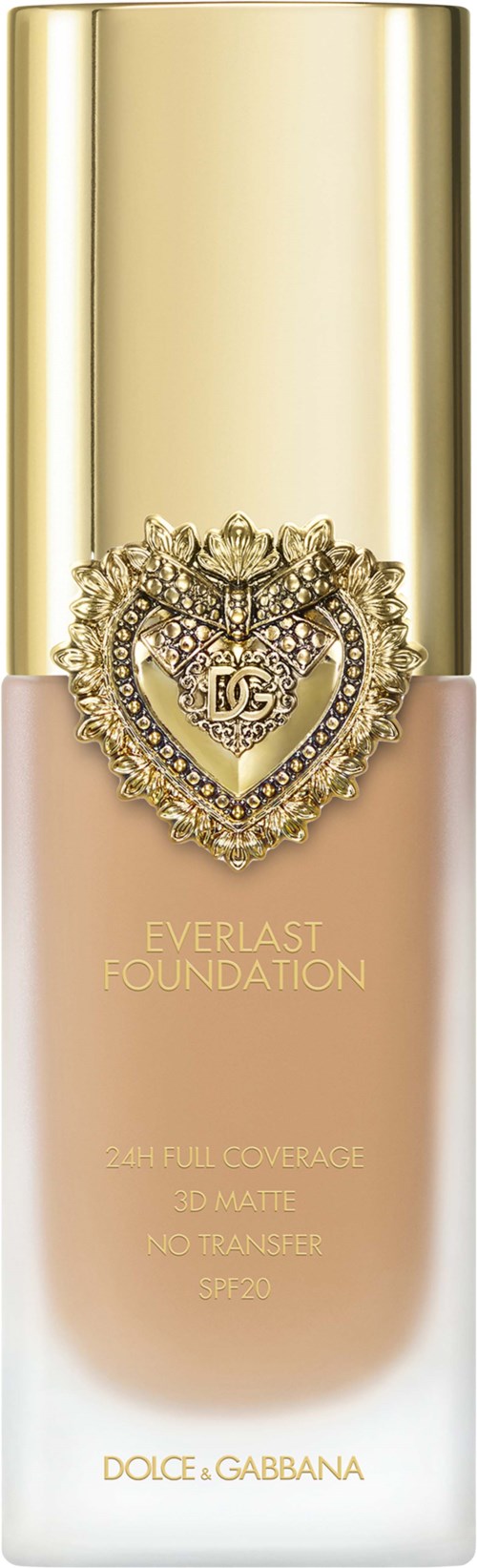 A foundation bottle with a golden cap, a heart-shaped logo with jewelry, and written brand and product details.